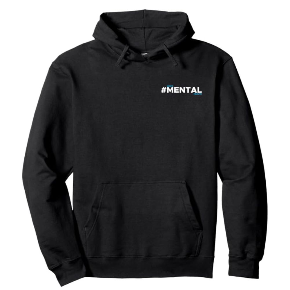 Black hoodie with the hashtag #MENTAL on the front, raising awareness for men's mental health."