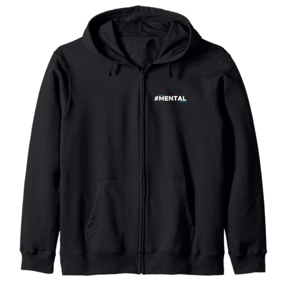 Black hoodie with the hashtag #MENTAL on the front, raising awareness for men's mental health